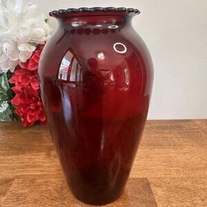 Vintage Anchor Hocking Ruby Red‎ Royal Glass Vase Scalloped Rim MCM Floral Decor
